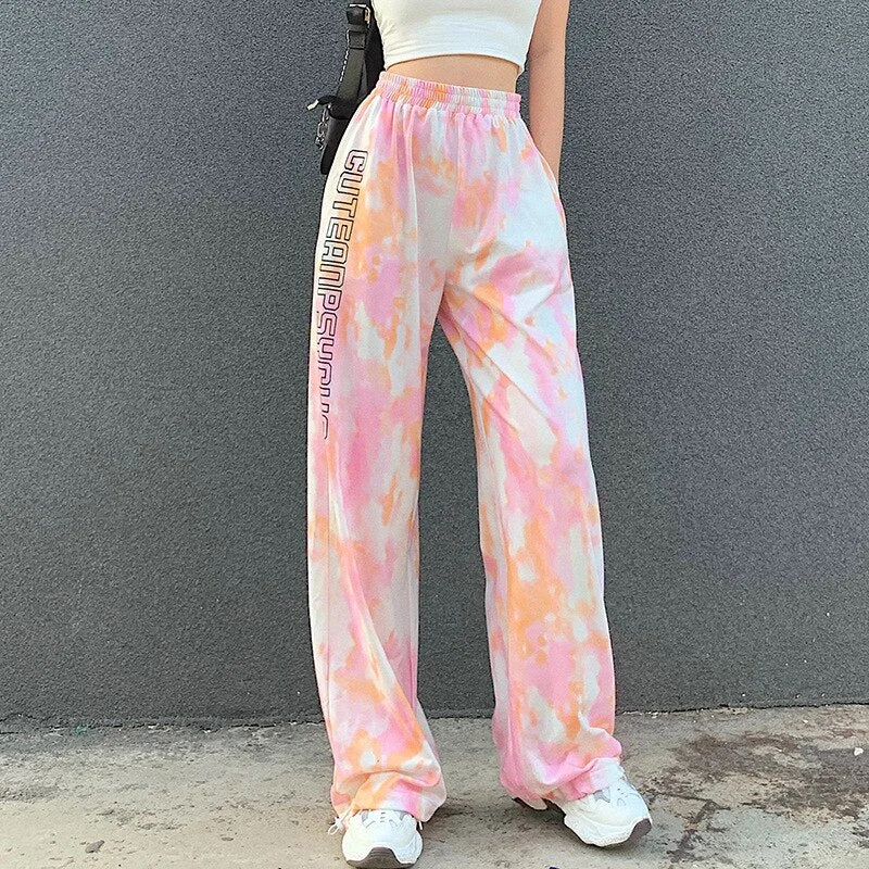 High-Waist Trousers Dye Print Casual Loose Wear Sports Bottoms