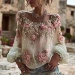 Vintage Boho Pink Rose Embroidery Art Long Sleeve Linen T Shirt - Image 2