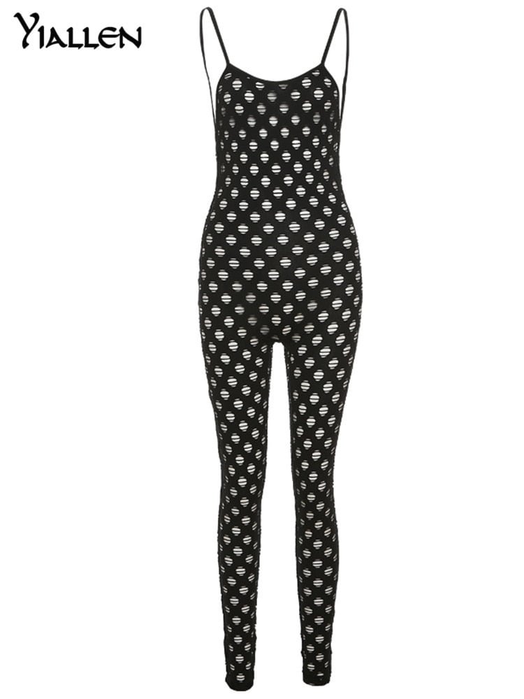 Yiallen New Mesh See Through Solid Sling Jumpsuits Women Hipster Backless Midnight Club Unique Stitching Female Streetwear Hot