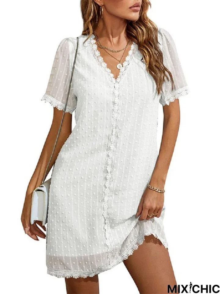 V-Neck Casual Short Sleeve Polka Dot Lace Straight Dress White Dresses