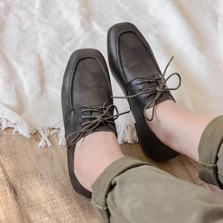 Fairy Tales Aesthetic Cottagecore Fashion Vintage Handmade Square Head Leather Shoes QueenFunky