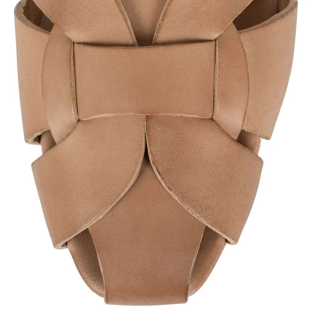 Classic Tan Round Toe Woven Design Ankle Strap Summer Sandals