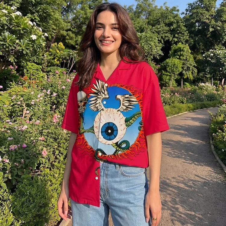 Vintage Grateful Dead Skull & Bear &Terrapin Graphic Cuban Collar Short Sleeve Shirt &ndash; Unisex Retro Cotton Top