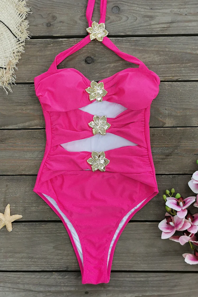Metal Flower Decor Hollow Out One-Piece Swimsuit Mini Skirt Bikini Set-Black