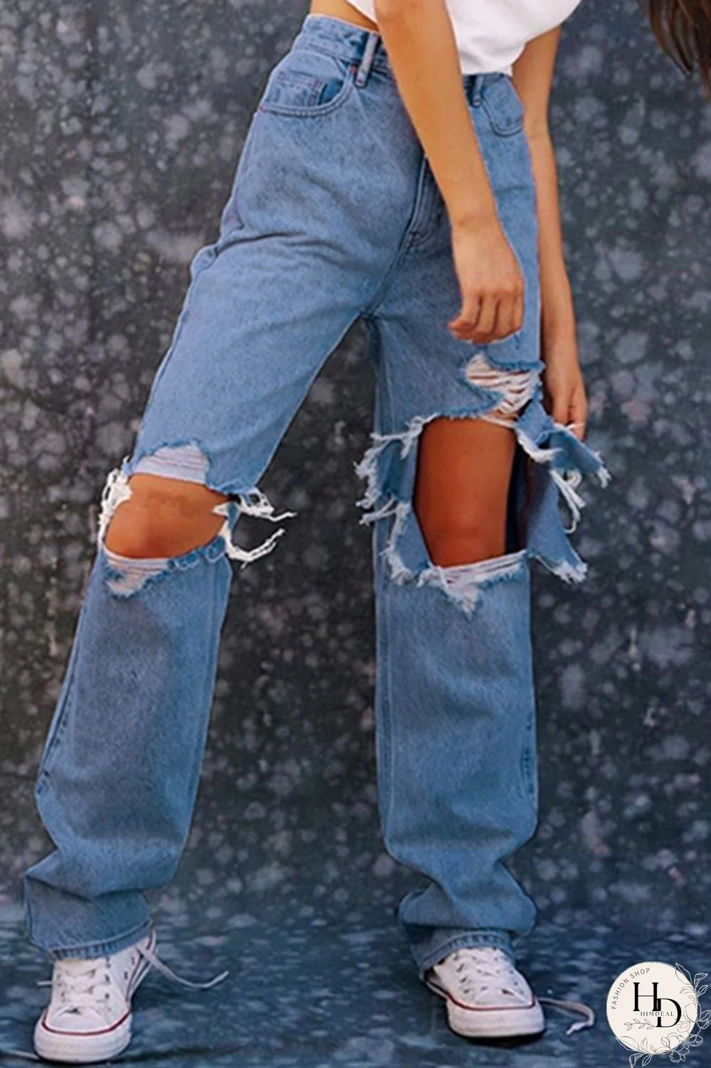 Blue Fashion Casual Solid Ripped High Waist Regular Jeans