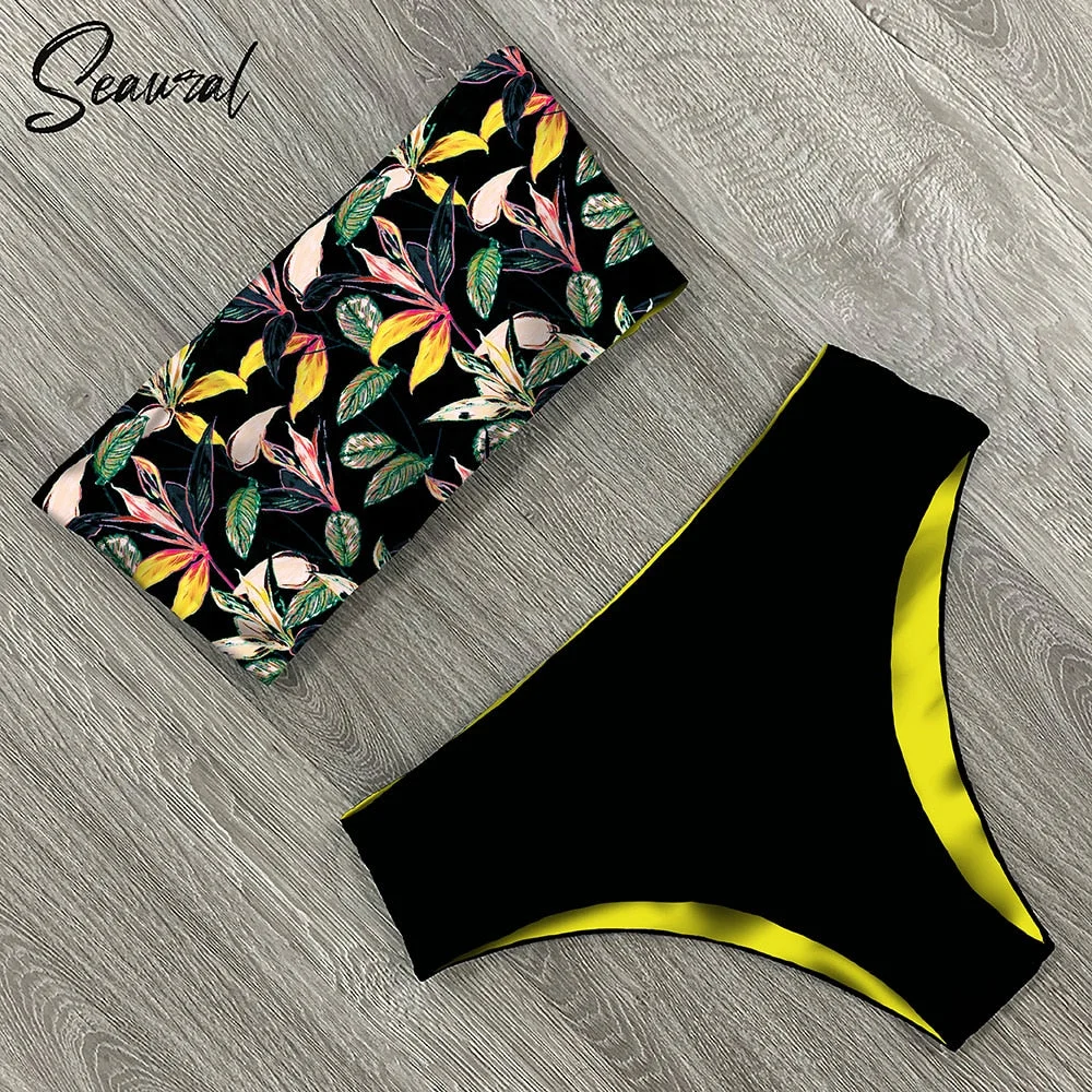 2022 New Sexy Low Hight Bikini Set Swimwear Women Bandeau Female Print Floral Strappy Swimsuit Bathing Suit Beach Wear Biquini