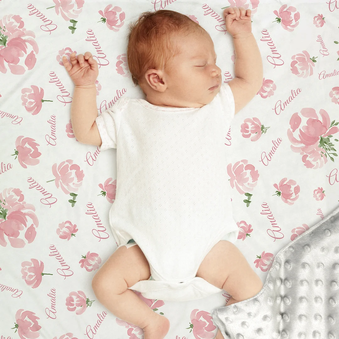 Amalia's Floral Print Pink Personalized Baby Girl Name Blanket