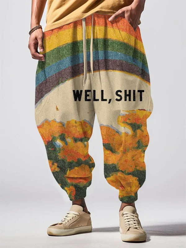 Men's Well Shit Retro Fun Rainbow Floral Art Print Loose Drawstring Waist Sweatpants