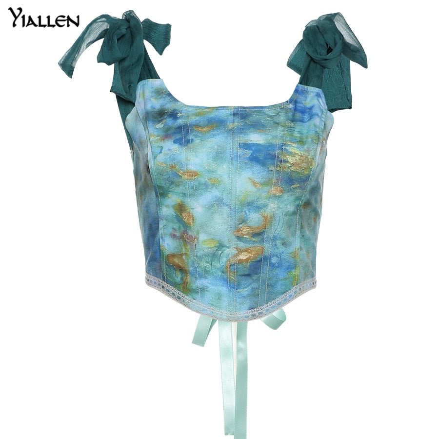Yiallen Summer Vintage Aesthetic Printed Lace Up Camisole Y2K Women Bow Bandage Hollow Tank Top Skinny Party Streetwear  Trend