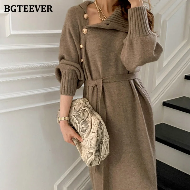 BGTEEVER 2020 Winter Turtleneck Buttons Women Knitted Mid-length Dress Elegant Lace-up Loose Female Sweater Dress Long Vestidos