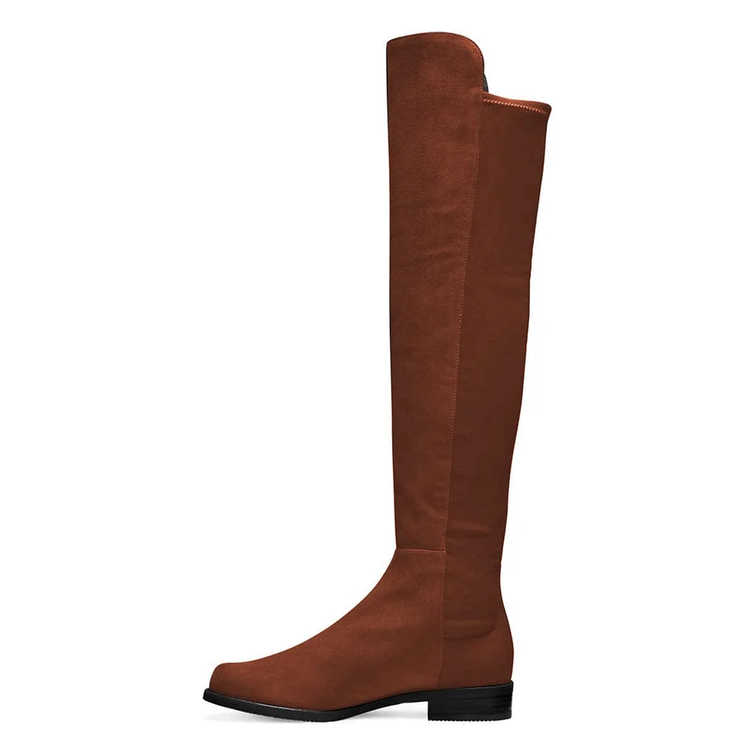 Winter Brown Round Toe Low Heel Over the Knee Boots for Women