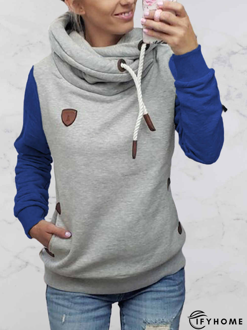 Blue Cotton-Blend Casual Hoodie Tunic Sweatshirt | IFYHOME