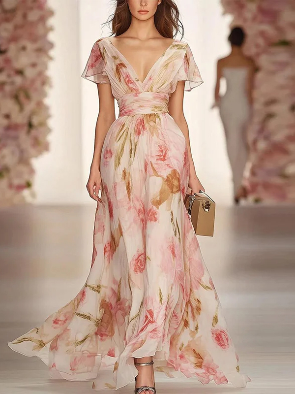 Flower Printed Ruffled Short Sleeves Elegant Chiffon Maxi Dress