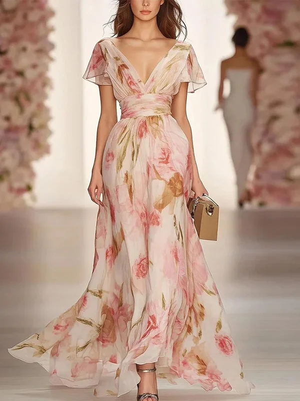 Flower Printed Ruffled Short Sleeves Elegant Chiffon Maxi Dress