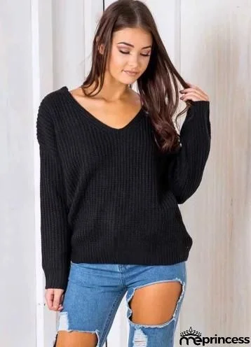 V Neck Solid Color Long Sleeve Knit Sweater