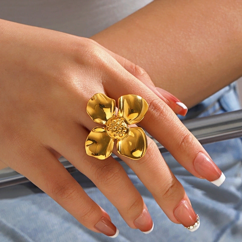 Exaggerated Flower 304 Stainless Steel 18K Gold Plated Plating Open Rings