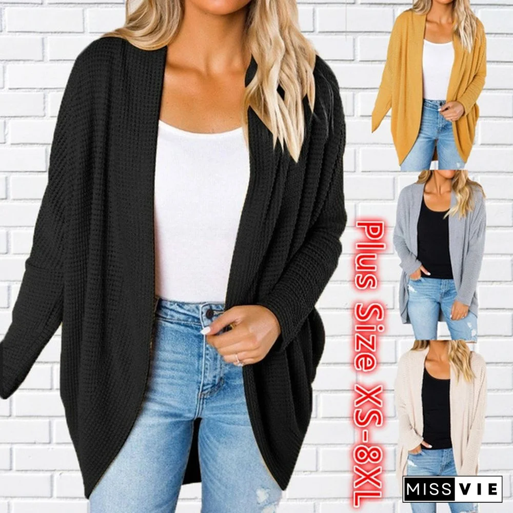 Women Loose Casual Long Sleeve Pure Color Plus Size V Neck Coat Autumn Cardigan Sweater Coat Plus Size XS-8XL