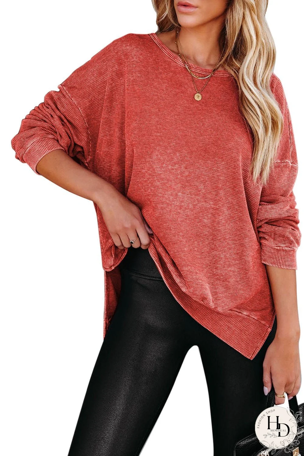 Washed Red Waffle Knit Side Slit Long Sleeve Top