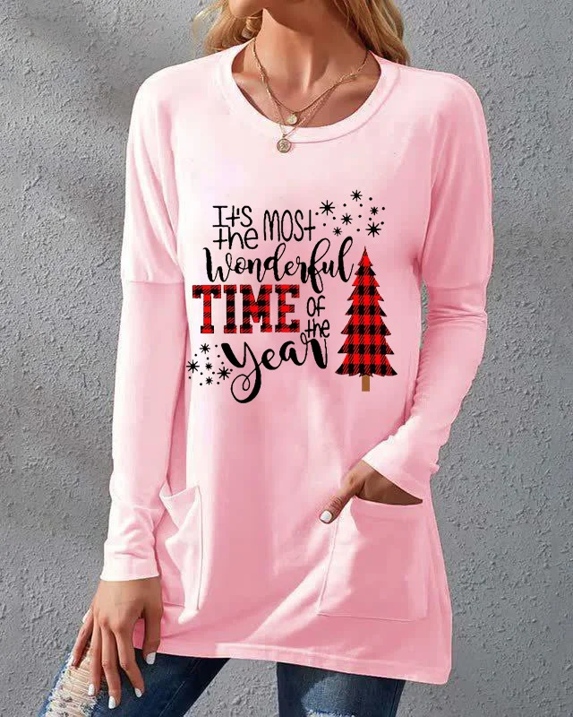 Christmas Tree Print Sweater With Long Sleeve And Loose Round Neck Pocket