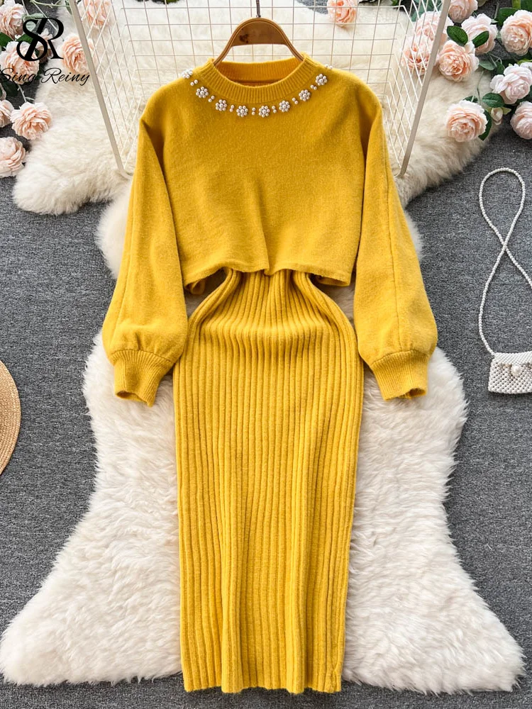 Huibahe Winter Women Knitted Sets Fashion Breading Long Sleeve Pearl Sweater+Knitted Camis Dress Sets Fashion Sweater Suits