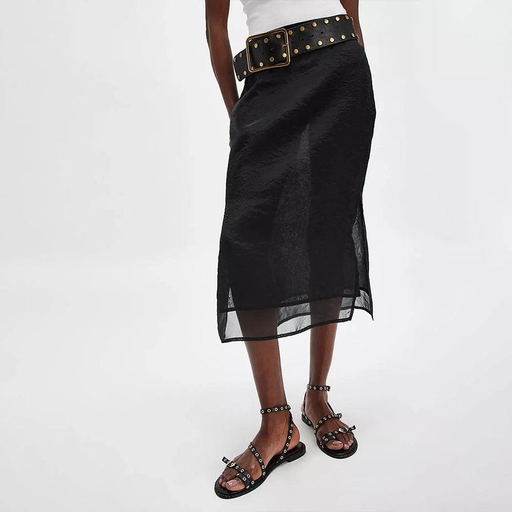 Black Open-Toe Buckled Grommet Strap Flat Sandals for Women