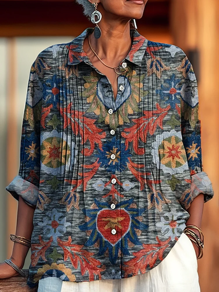 Women's Vintage Ethnic Floral Totem Painting Art Print Casual Cotton And Linen Ruffle Shirt