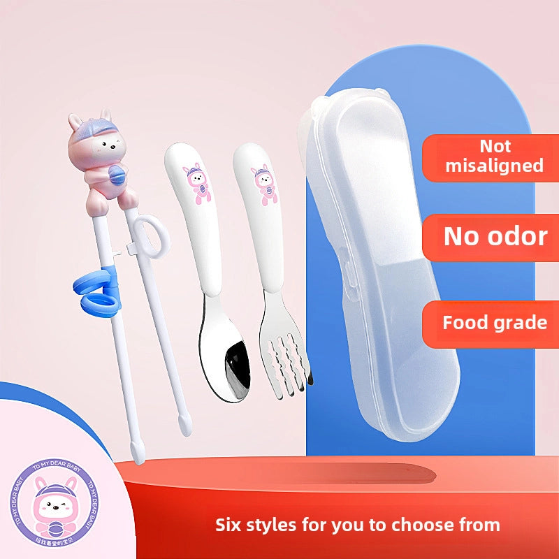 Maternal And Infant Products Portable Feeding Children’s Tableware Set Cartoon Learning Chopsticks Training Chopsticks 304 Stainless Steel Spoon Fork