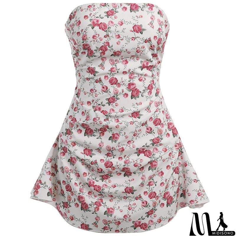 MidiSono - Women Spring Summer Strapless Tiny Flower Slim-Fit Vacation Sexy Ruffled Mini Dress