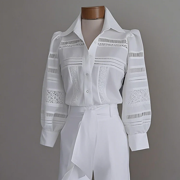 Ursime Shirt Collar Button Puff Sleeve Hollow Out Blouse