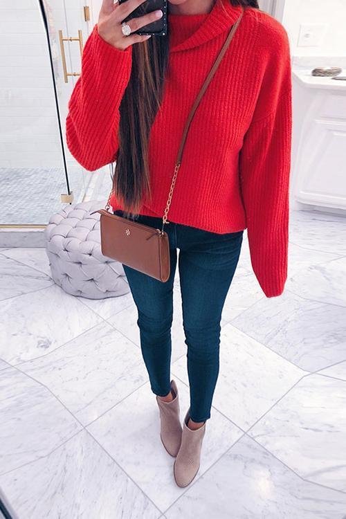 Solid Color High Neck Long Sleeve Sweater-elleschic