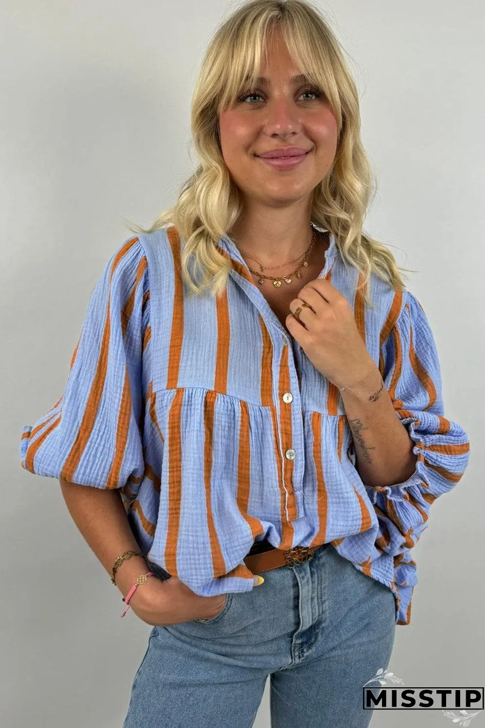 Sky Blue Stripe Crinckled Ruffled Sleeve Button up Loose Shirt