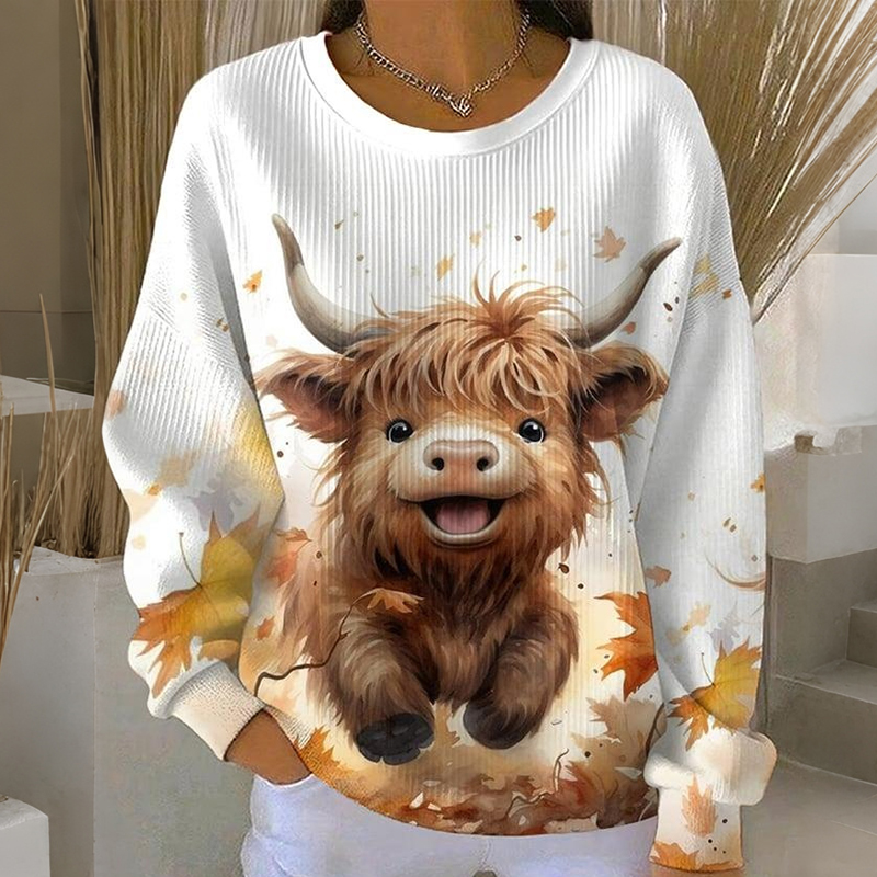 Women's Cute Highland Cow Print Casual Crew Neck Sweatshirt elevenforest