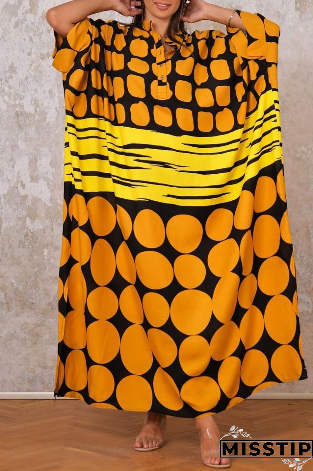 Yellow Casual Print Patchwork O Neck Long Dress Dresses