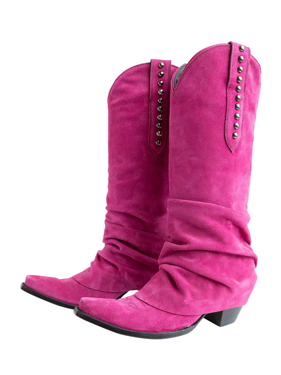 Fuchsia Snip Toe Studded Fold-Over Knee High Western Boots for Women