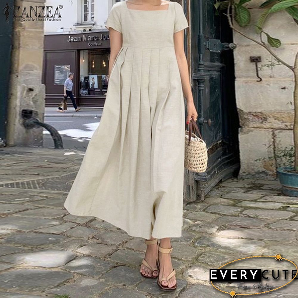 Square Collar Loose Short Sleeve Long Dress Summer Square Collar Solid Color Women Clothing