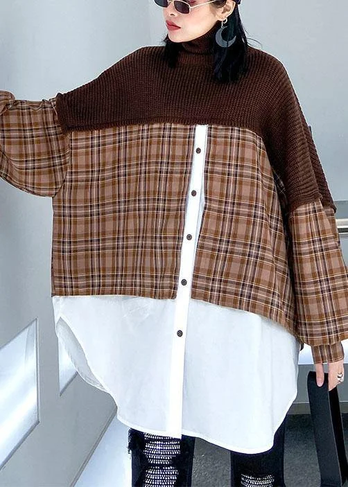 Oversized chocolate Sweater Blouse lapel patchwork plus size spring knit tops