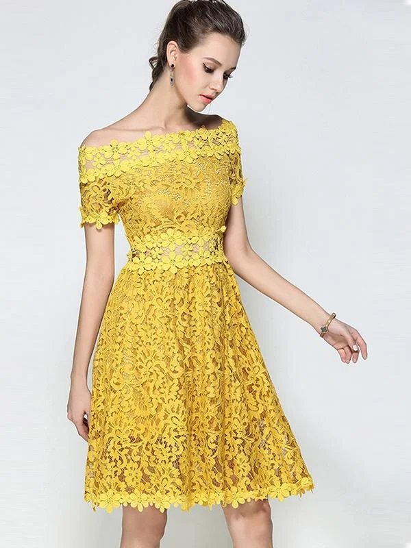 One-line collar mid-length lace all-match A-line skirt