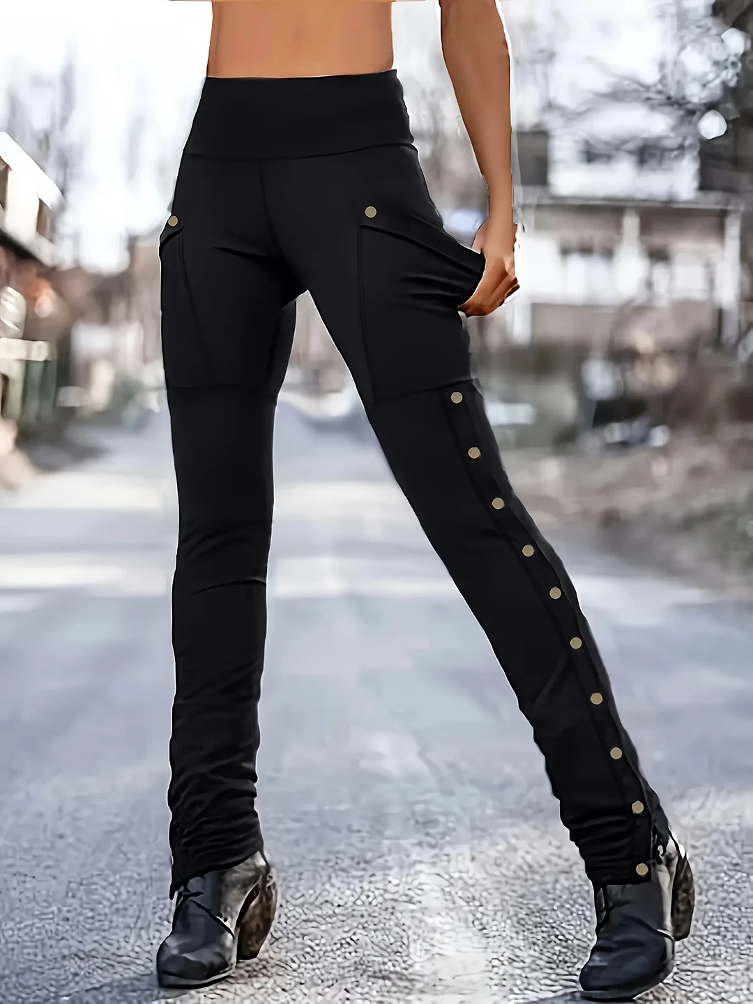 Women's High-Waist Stretch Skinny Pants With Side Rivet Slits - Slimming Street Style Design, Black Polyester Blend For Spring/Summer/Fall, Street Style Clothing | Asymmetrical Design | Snug Fit Leggings, High Waisted Legging | IFYHOME