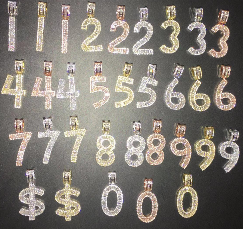 0-9 $ Iced Out Baguette Initials Numbers Hip Hop Pendant Necklace-VESSFUL