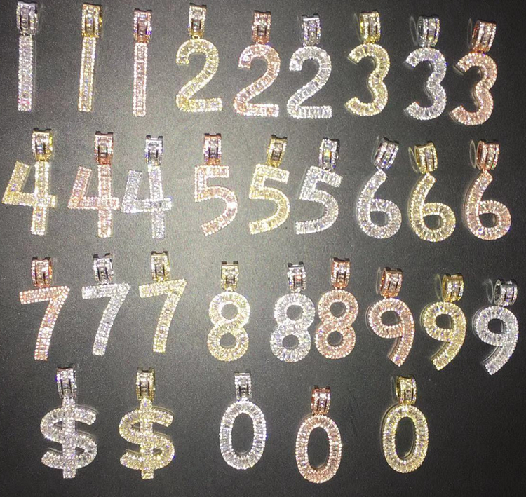 0-9 $ Iced Out Baguette Initials Numbers Hip Hop Pendant Necklace