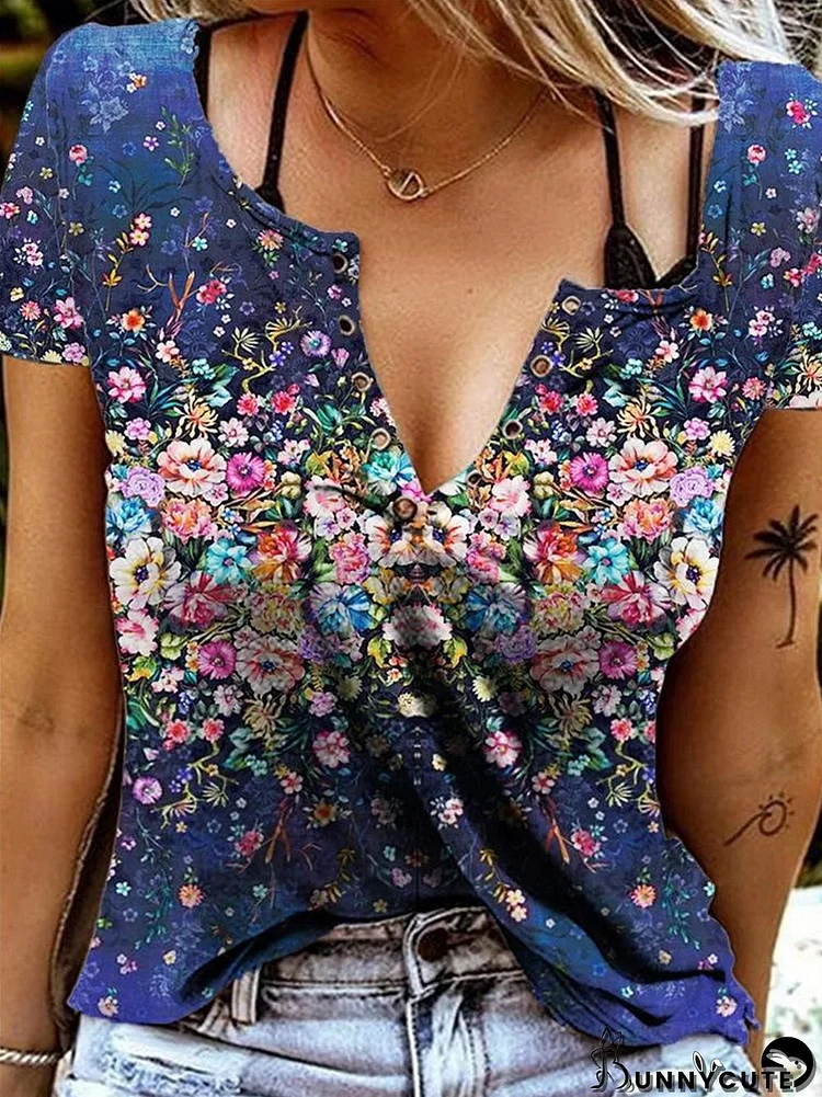 Women's Short Sleeve V-neck Floral Printed Tops T-shirts