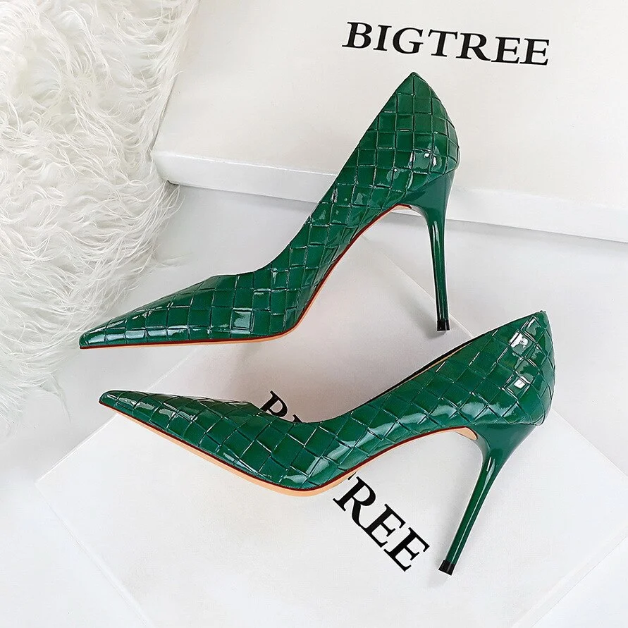 Brand Luxury Women's Green High Heels Shoes Sexy Party Braided Pumps Ladies Fashion Leather Shoes Wave Plus Size Office Career