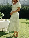 Plaid Print Puff Sleeves Maxi Dress