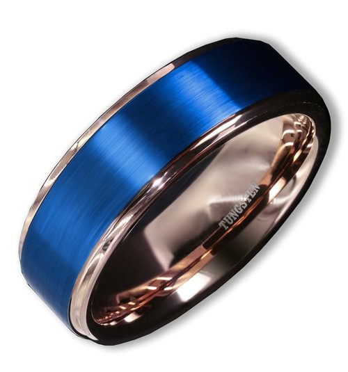 Women Mens Tungsten Rose Gold Ring with Blue Matte Finish Top Wedding Bands Rings
