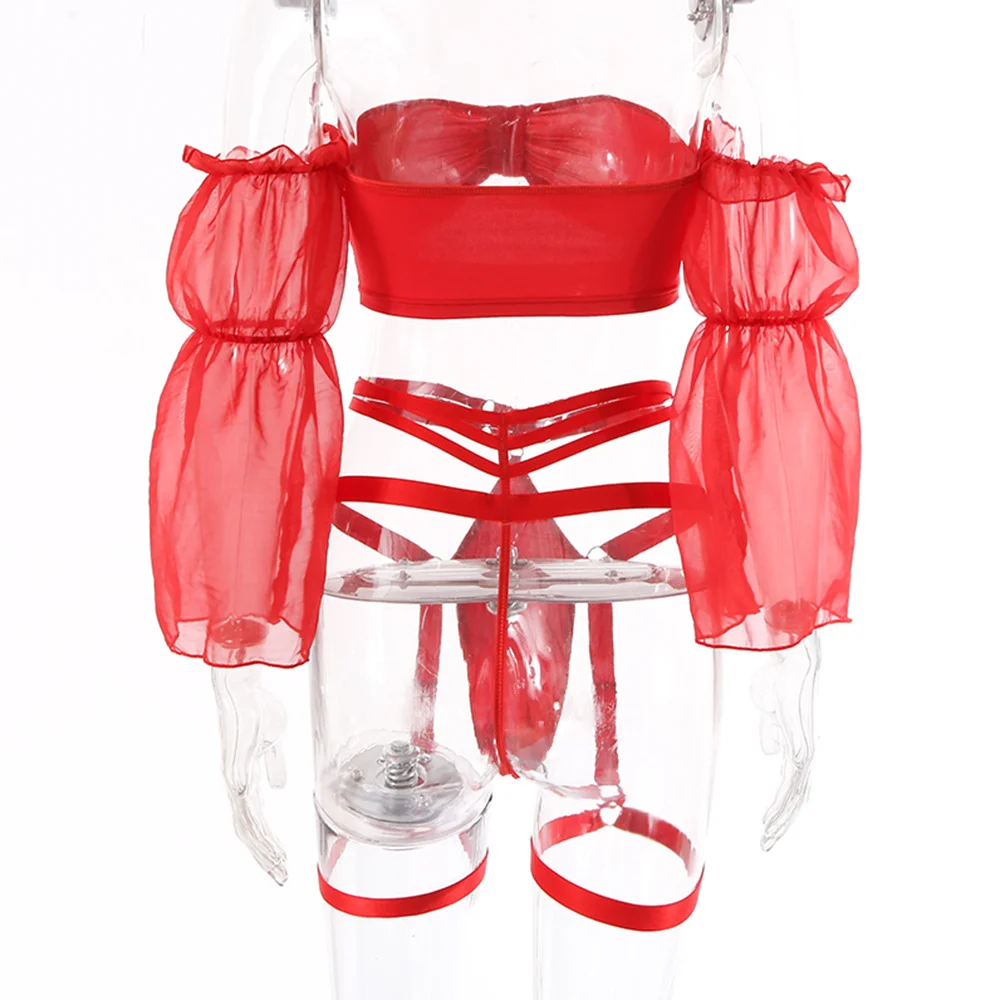 Billionm Sexy Lingerie Set Red Lace Underwear Off Shoulder Sleeves Nightwear Erotic Bra and Panties Hollow Out Mesh Intimate Sensual Sets