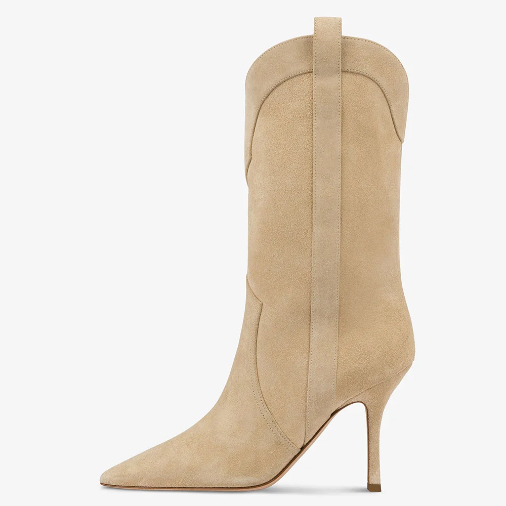 Khaki Vegan Suede Pointed Toe Stiletto Heel Western Boots for Women