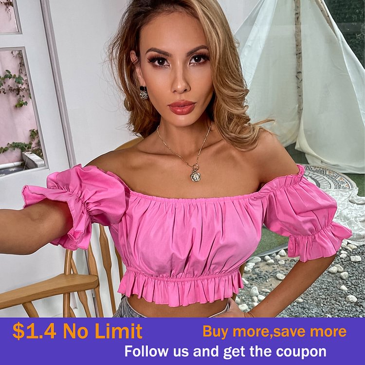 Women's Sexy Ruffle Short Sleeve Party Crop Top Off Shoulder Blouse Woman Clothing Summer Slim Female T Shirt Pink Cropped Tops - Shop Trendy Women's Fashion | TeeYours
