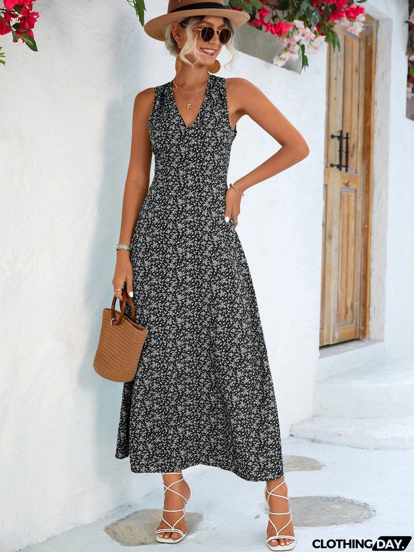 Printed Open Back Sleeveless Maxi Dress