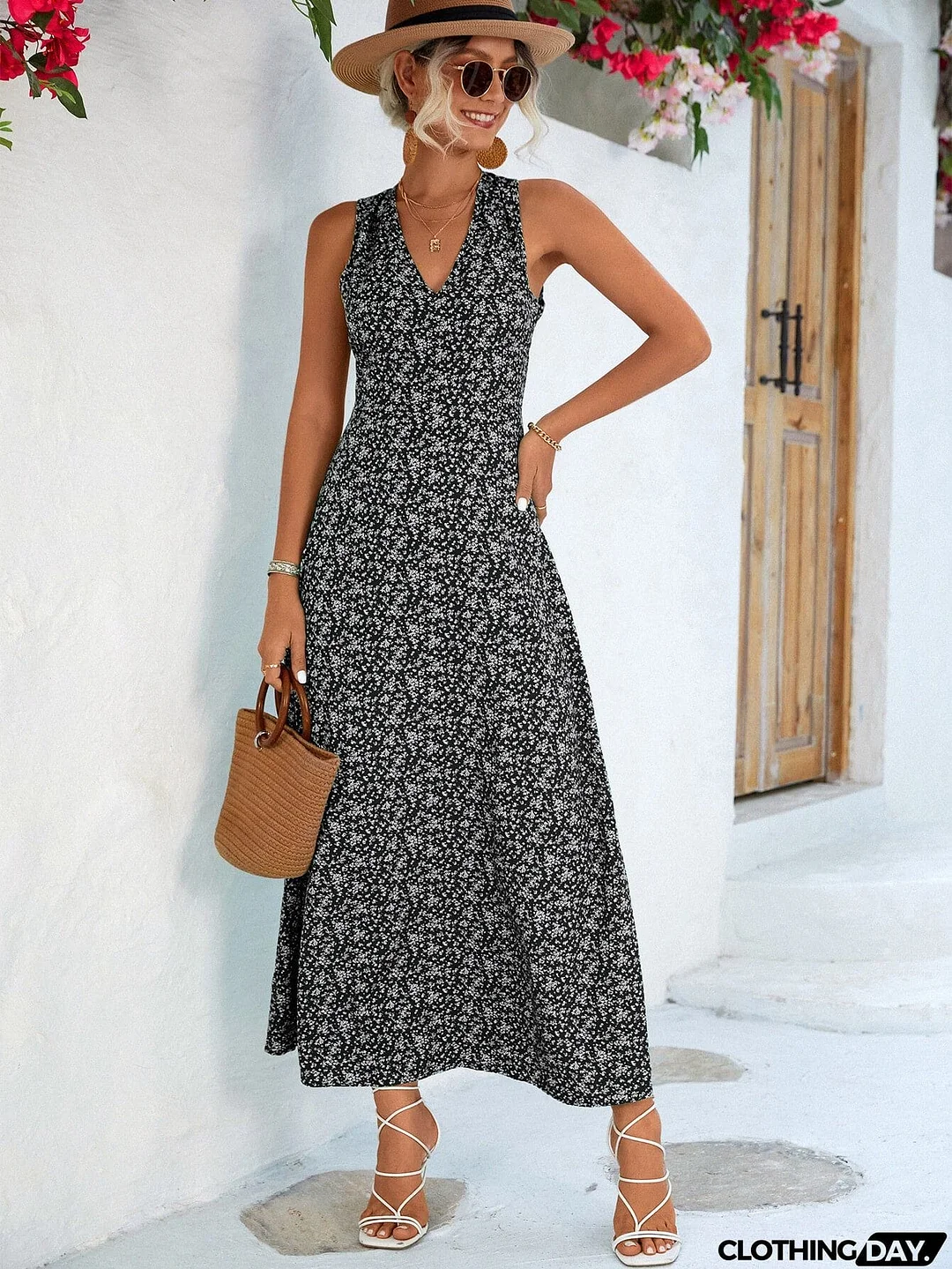 Printed Open Back Sleeveless Maxi Dress