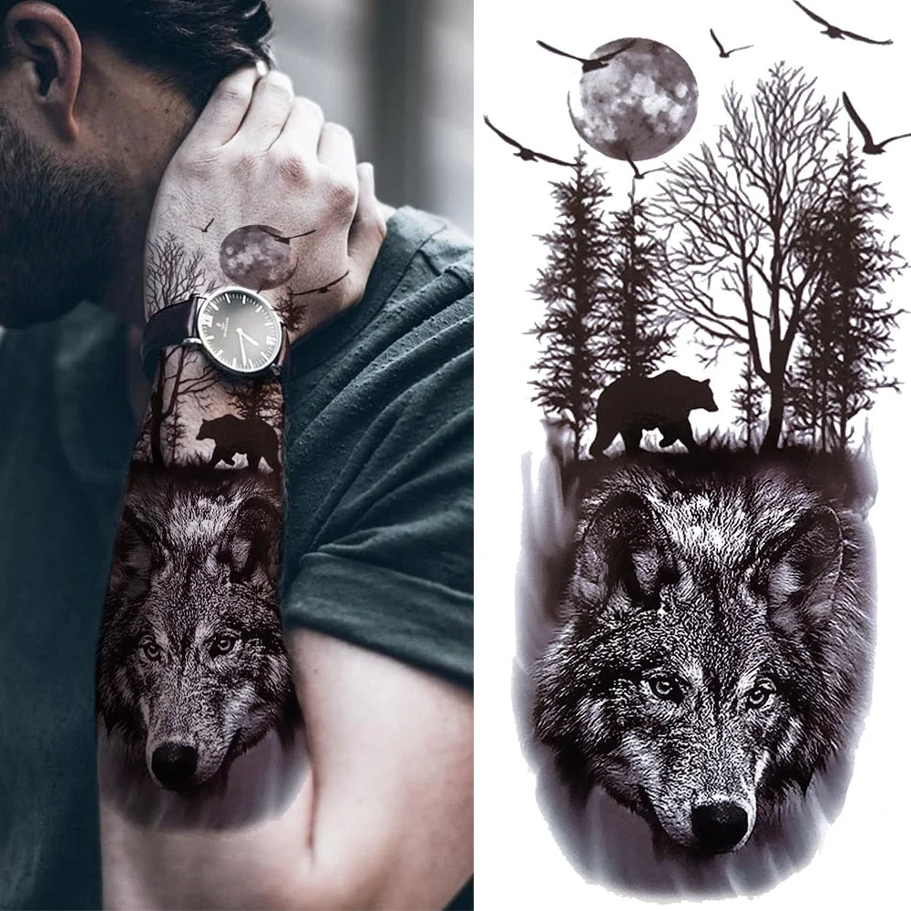 Black Forest Tattoo Sticker For Men Women Children Tiger Wolf Death Skull Temporary Tattoo Fake Henna Skeleton King Animal Tatoo 515